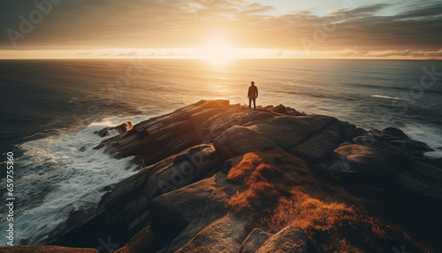One person standing on cliff, back lit by sunset generated by AI
