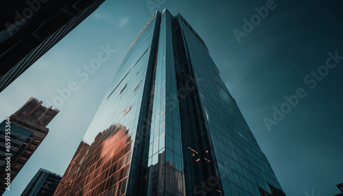 A futuristic skyscraper illuminates the city skyline at dusk generated by AI photo