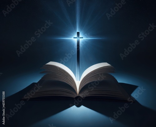 Illustration of an open Bible book in the dark and illuminated with a cross.