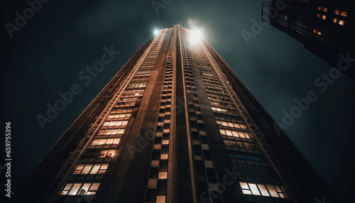 Modern skyscraper illuminates city skyline at night  a futuristic design generated by AI