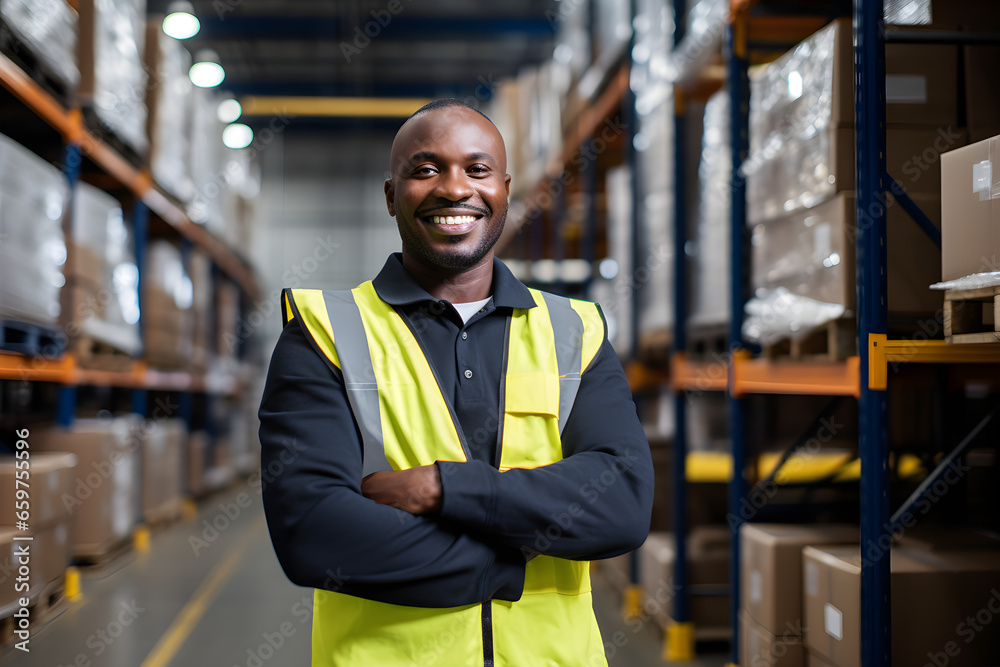 Happy worker black man factory manager working in warehouse while smiling and looking at camera Happy worker black man factory manager working in warehouse while smiling and looking at camera