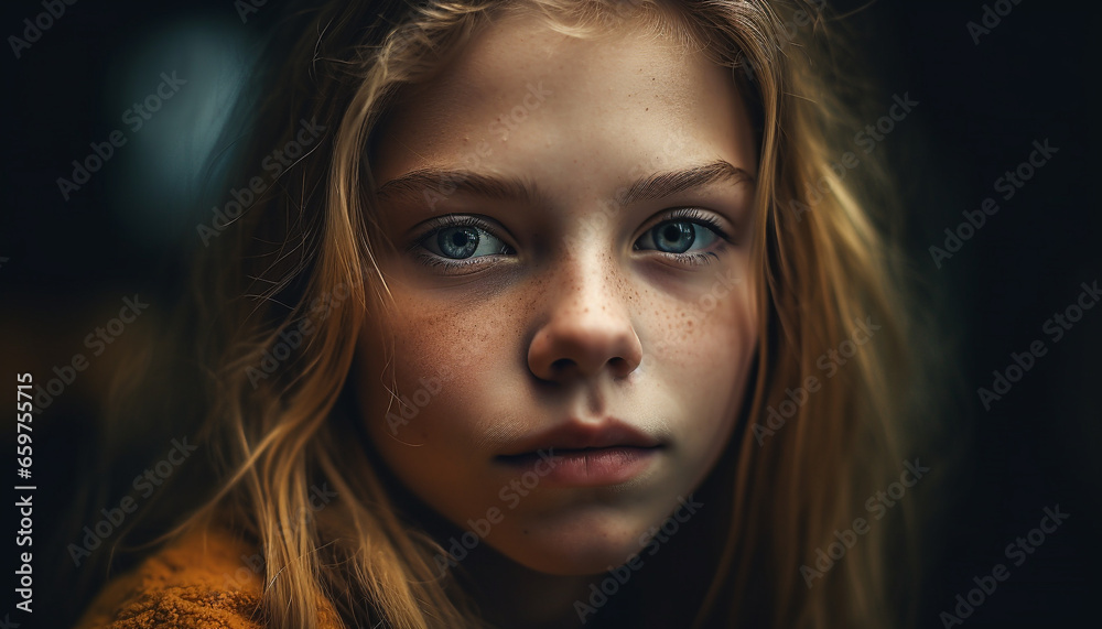 Cheerful girl with blond hair exudes innocence and confidence outdoors generated by AI Cheerful girl with blond hair exudes innocence and confidence outdoors generated by AI
