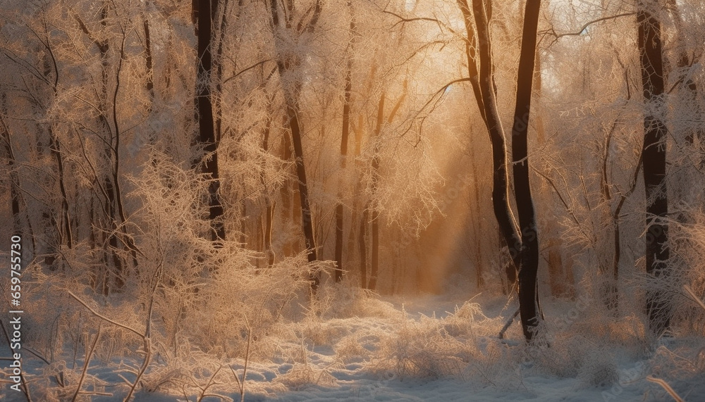 A tranquil scene of a winter forest, frozen in beauty generated by AI