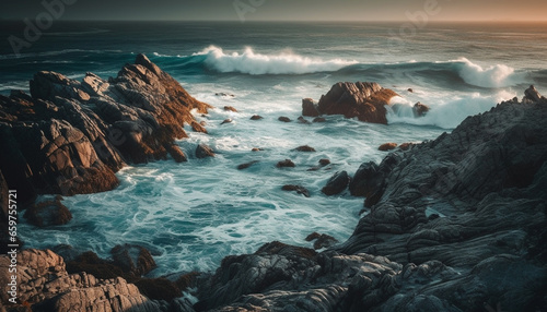 The tranquil scene at dusk waves breaking on rocky coastline generated by AI