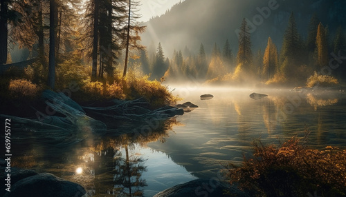 Tranquil autumn sunrise, mountain reflection in wet pond, serene beauty generated by AI