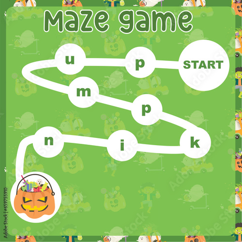 Maze game worksheet for kids with Halloween theme. Worksheet for learning English. Educational activity for children. Simple educational printable worksheet. Vector illustration.