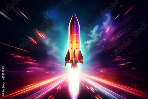Abstract Rocket Launch. Digital Spaceship Flying Into Space, neon lights , 3d rendering