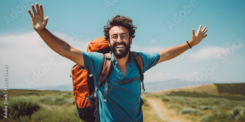 Happy man with arms outstretched standing outside - Delightful traveller with backpack enjoying summer trip - Successful people, well being and traveling lifestyle concept