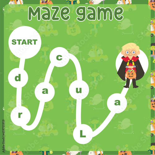 Maze game worksheet for kids with Halloween theme. Worksheet for learning English. Educational activity for children. Simple educational printable worksheet. Vector illustration.