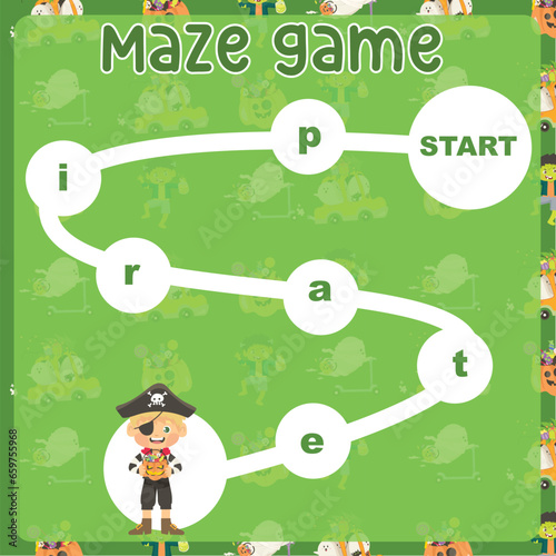 Maze game worksheet for kids with Halloween theme. Worksheet for learning English. Educational activity for children. Simple educational printable worksheet. Vector illustration.