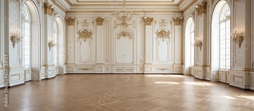 Large elegant hall featuring minimal vintage furniture baroque d cor ornate walls and parquet flooring