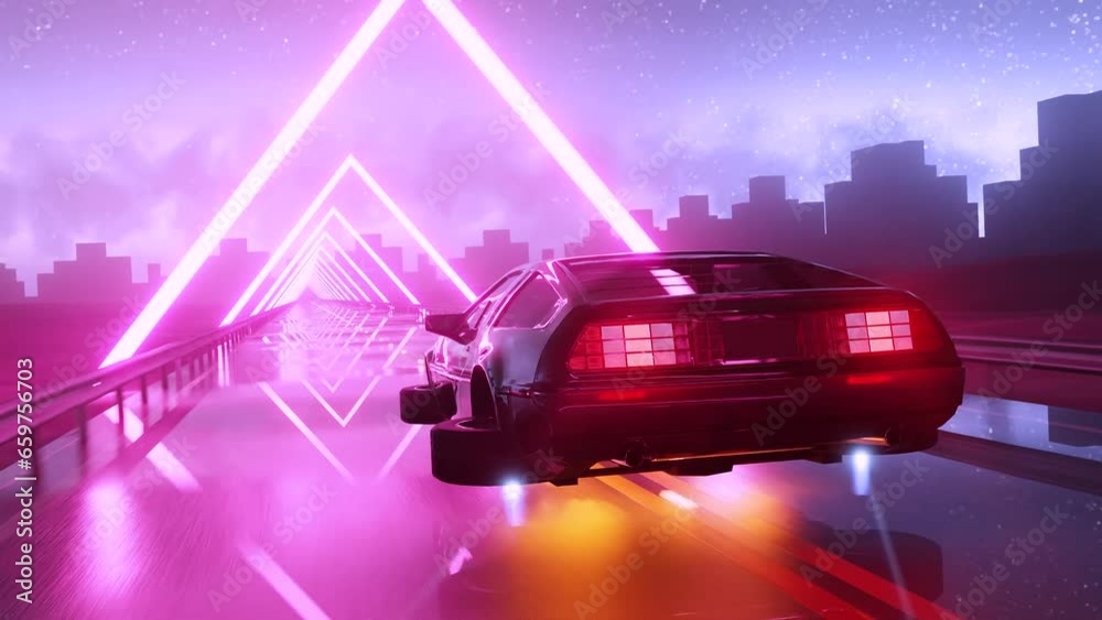Synthwave seamless car animation. Cyberpunk 80s retro vaporwave sunset with fast driving EV on a highway road. 3d rendering animated VJ loop for music video. Neon background