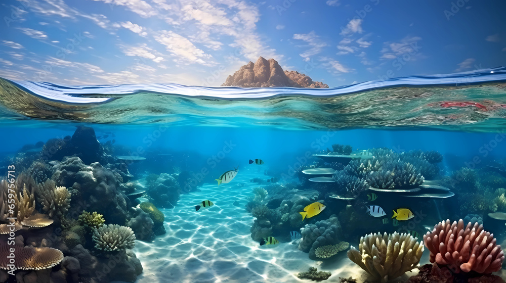 colorful coral reefs under the beautiful blue sea