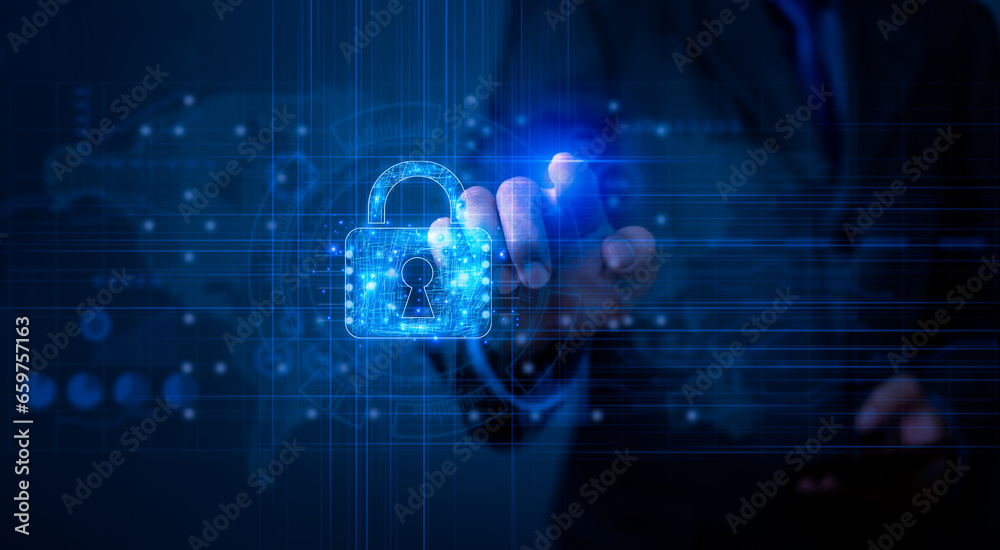 Cybersecurity protects digital information, computer systems, and networks, data privacy, secure passwords, and encryption to safeguard and ensure privacy. business technology shield safety hacker - obrazy, fototapety, plakaty 