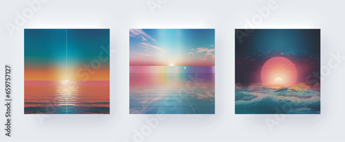 Universe Stars Retro Album Covers, Wall Art Poster of Earth and Sea with Blue, Yellow, Orange in the Style of Light Aquamarine and Pink, Minimalist Stage Designs