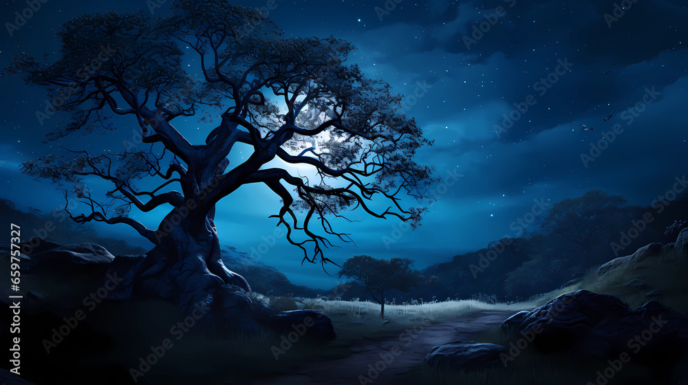 moonlight at night behind the big tree - obrazy, fototapety, plakaty 