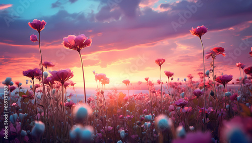sunset pink wild flowers meadow of wild flowers in green fields