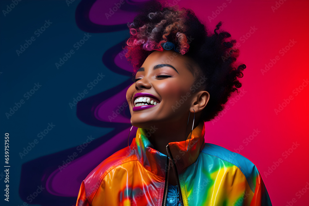 Φωτογραφία Happy black woman in colourful neon clothes on a colorful background