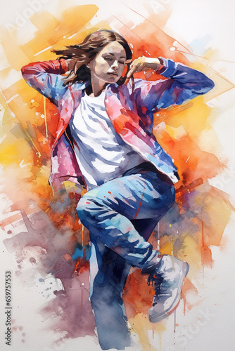 Woman Brake Dancer. colorful watercolor drawing with stains and drips