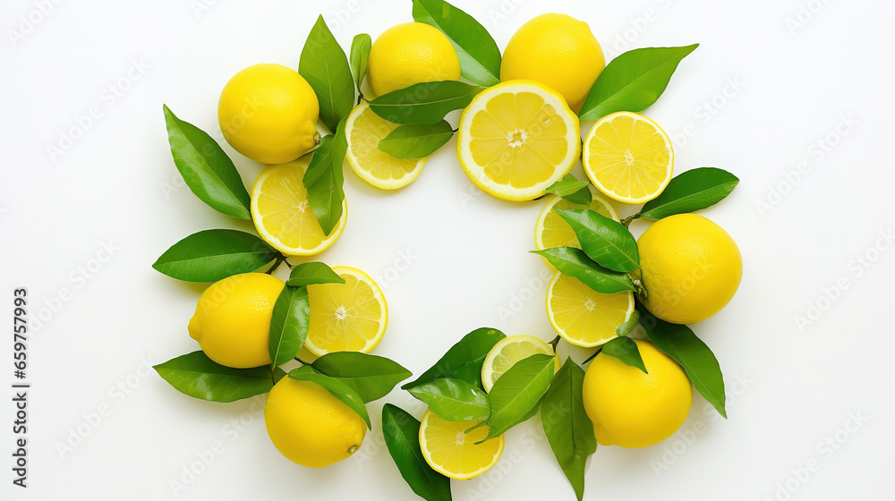 Juicy lemons round frame isolated on white background