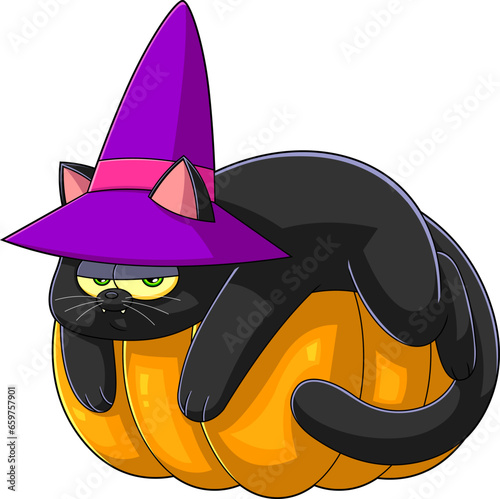Witch Black Cat Cartoon Character Sitting On Pumpkin. Vector Hand Drawn Illustration Isolated On Transparent Background