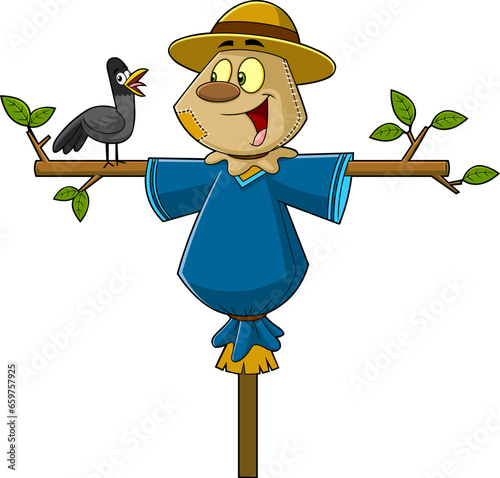 Cute Scarecrow Cartoon Character With Crow Bird. Vector Hand Drawn Illustration Isolated On Transparent Background