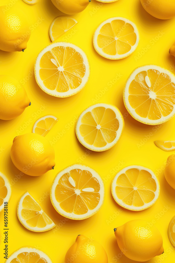 Juicy sliced lemons on yellow background Juicy sliced lemons on yellow background