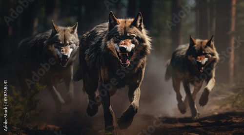 a pack of wolves run through the forest hunting for prey