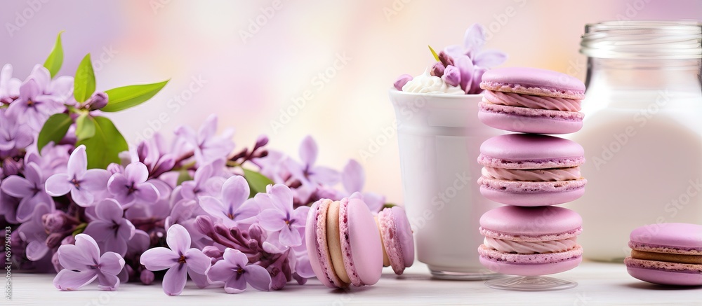 Lilac macaroons with flowers selective focus