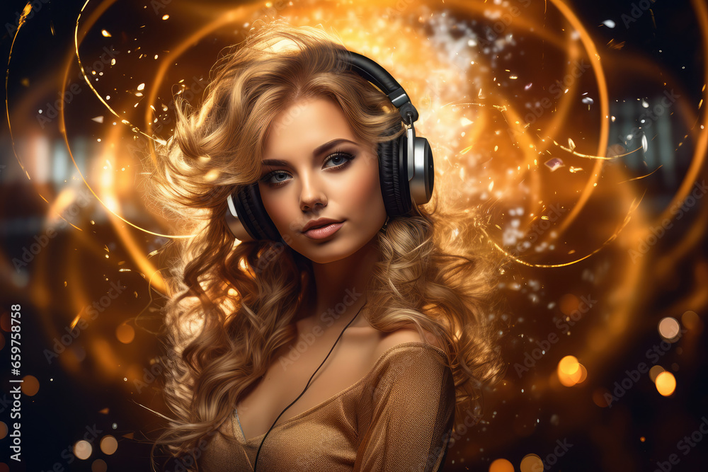 a dj beautiful girl and wearing headphones