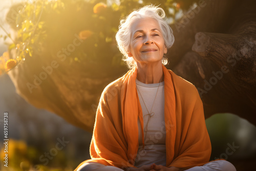 Happy senior retired woman practicing yoga in garden