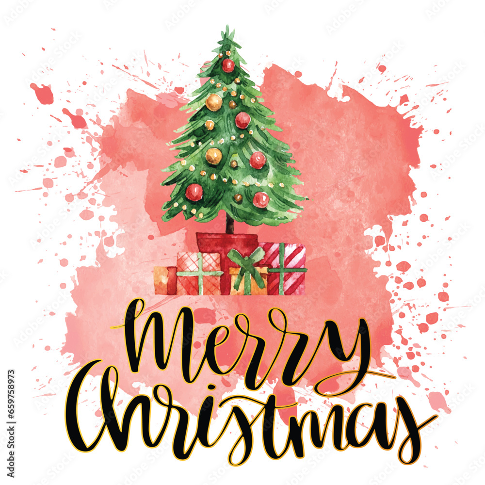 Merry Christmas watercolor card/emblem vector illustration
