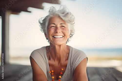 Happy senior retired woman practicing yoga on beach