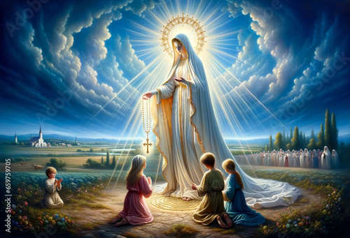 The Miracle of the Sun with the Fatima Children Praying the Holy Rosary with the Blessed Virgin Mary : Marian Apparition and Prophecy by Our Lady of Fatima in Portugal 1917. photo