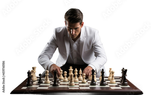 A Man Deeply Focused on a Chess Match Contemplating his Strategy Isolated on Transparent Background PNG.