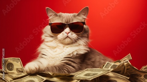 Cool rich successful hipster cat with sunglasses and cash money on red background. photo
