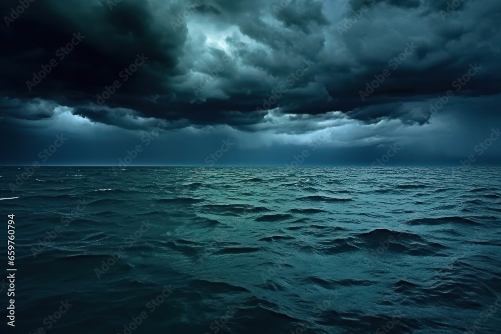 Dark stormy sea with black clouds. A storm is brewing over the sea. - obrazy, fototapety, plakaty 