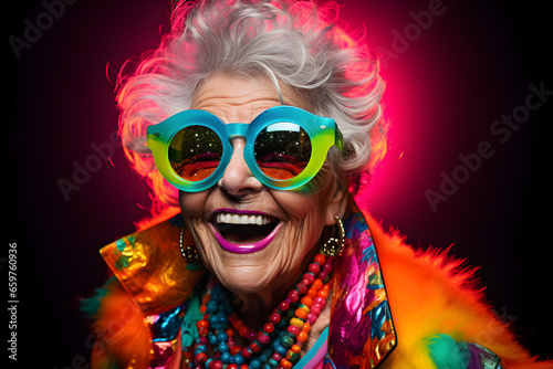 Happy senior retired woman in colourful neon clothes, isolated on black background