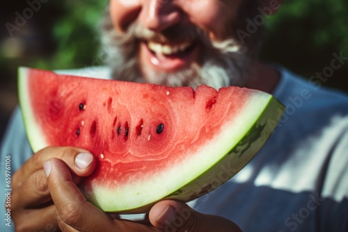 A man holding a slice of watermelon. Perfect for summer refreshment and healthy eating.