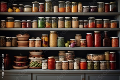 A shelf filled with various jars of food. This image can be used to showcase a well-stocked pantry or to represent homemade preserves and canning.