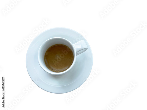 An isolated cup of espresso against a blank background - top view