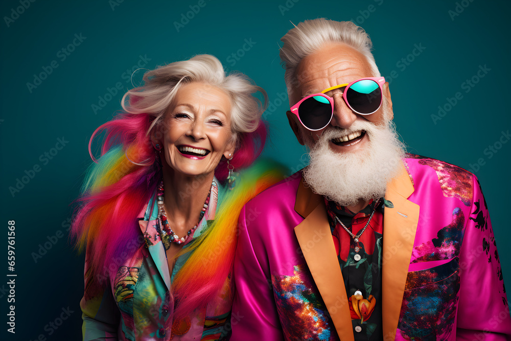 Happy senior retired couple in colourful neon clothes, isolated on bluebackground - obrazy, fototapety, plakaty 