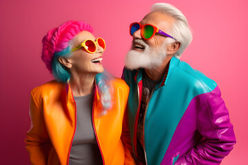 Happy senior retired couple in colourful neon clothes, isolated on pink background
