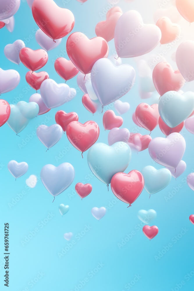 Heart Shape on blue Background. Love, Romance and Valentine's Day. Hearts levitating in sky vertical background in pastel colors