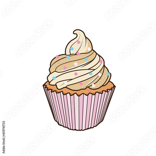Sweet Vanilla Icing Cupcake with Sprinkles Illustration