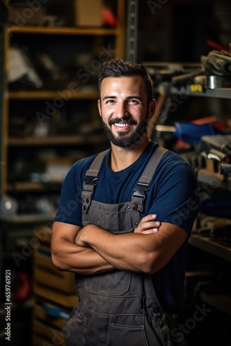A handsome young maintenance worker with a beard stands and smiles looking at the camera