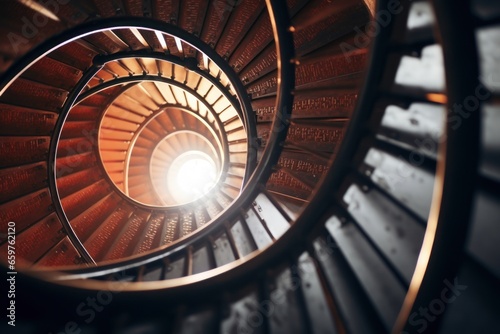 A captivating image of a spiral staircase with a beautiful light shining through it. Perfect for architectural designs and concepts.
