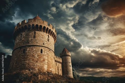 A picturesque castle situated on a hill, with a cloudy sky in the background. This image can be used to depict a majestic and mystical setting. Suitable for various applications.