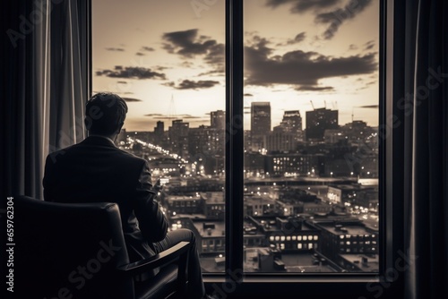 A man is seated in a chair, gazing out of a window. This image can be used to depict contemplation, daydreaming, or solitude. It can also be utilized in themes related to introspection or relaxation.