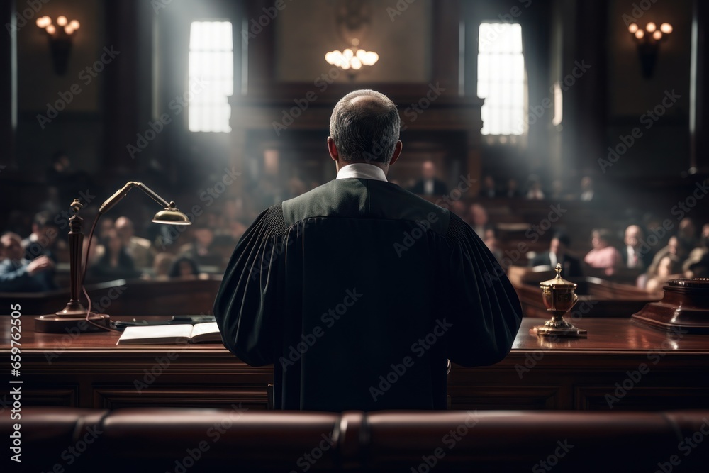 A man standing in a courtroom holding a microphone. This image can be used to depict a legal proceeding or a public speaking event.